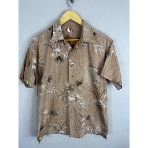 Vintage Holo Holo Hawaiian Shirt Mens Tan Floral‎ Palm Pullover Reverse print
